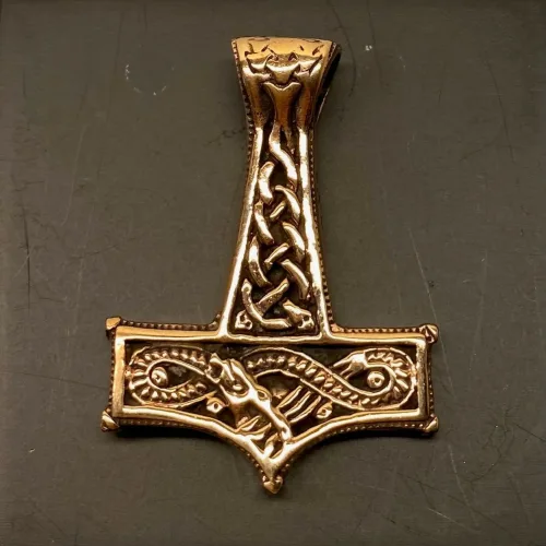 Vikingevedhæng i Bronze - Thorshammer med Slange, bronze, kobber, gylden, billig, original, midgårdsormen, slange, mjølner, thor, hammer, maskulin, torden, guden, aser