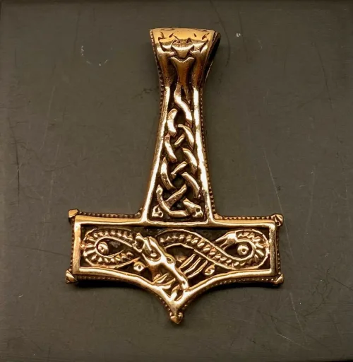 Vikingevedhæng i Bronze - Thorshammer med Slange, bronze, kobber, gylden, billig, original, midgårdsormen, slange, mjølner, thor, hammer, maskulin, torden, guden, aser