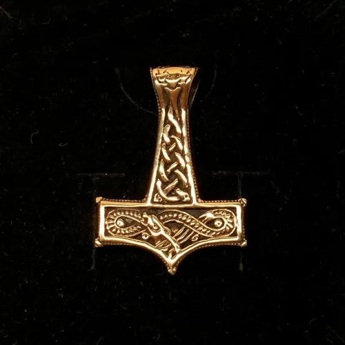 Vikingevedhæng i Bronze - Thorshammer med Slange, bronze, kobber, gylden, billig, original, midgårdsormen, slange, mjølner, thor, hammer, maskulin, torden, guden, aser
