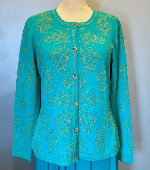 Alpaka Cardigan - Maria med Rund Hals Smaragdgrøn, turkis, alpaca, lama, uld, lækker, bedste, kvalitet, babyalpaka, cashmere, jaquardstrikket, strikjakke, elegant, let, varm, særlig, smuk, flot, sporty, damestrik, gave, figur, timeglas, klædelig, design, biti, ribe