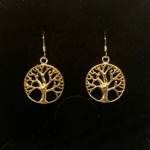 Forgyldte Ørenringe med Rundt Livstræ Stiliseret, søg, sg, 484, store, gyldne, forgyldte, guldbelagt, ægte, ren, sterling, sølv, ørehænger, hængeøreringe, flotte, runde, små, træer, livets træ, yggdrasil, billige, tilbud, fine, gave, gaveide, moderne, stine a, enamel, maanesten, nature, pico, feminine, yndige, kvalitet, biti, ribe,