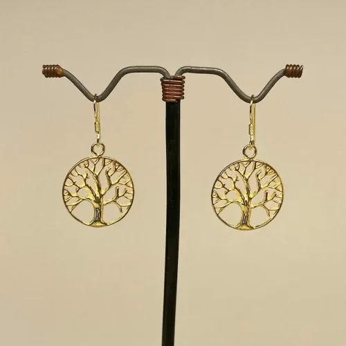 Forgyldte Ørenringe med Rundt Livstræ Stiliseret, søg, sg, 484, store, gyldne, forgyldte, guldbelagt, ægte, ren, sterling, sølv, ørehænger, hængeøreringe, flotte, runde, små, træer, livets træ, yggdrasil, billige, tilbud, fine, gave, gaveide, moderne, stine a, enamel, maanesten, nature, pico, feminine, yndige, kvalitet, biti, ribe,