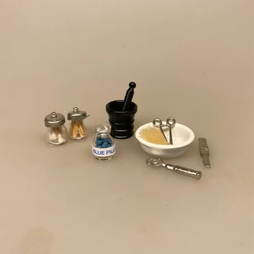 Miniature Pilleglas med Blå Piller, piller, pilleglas, viagra, blue pills, medicin, 1:12, miniature, dukkehus, sjov, sangskjuler, symbolsk, læge, sygeplejerske, biti, ribe, sætterkasse, sættekasse, lillebitte, glas,