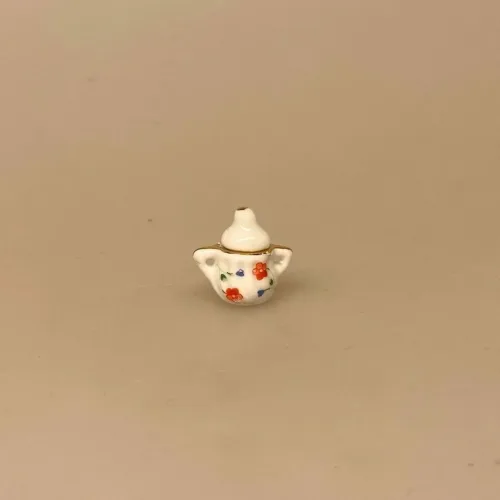 Miniature Porcelænskrukke Lille med Blomst, sukkerskål, bonbonniere, kandis, sukker, marmelade, syltetøj, krukke, lågkrukke, mini, lillebitte, honning, kaffe, te, afternoon, tea, biti, ribe, 1:12, symbolsk, sukkermad, pandekager