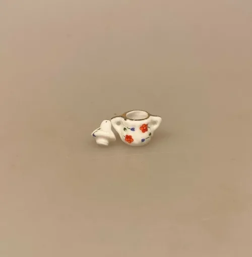 Miniature Porcelænskrukke Lille med Blomst, sukkerskål, bonbonniere, kandis, sukker, marmelade, syltetøj, krukke, lågkrukke, mini, lillebitte, honning, kaffe, te, afternoon, tea, biti, ribe, 1:12, symbolsk, sukkermad, pandekager