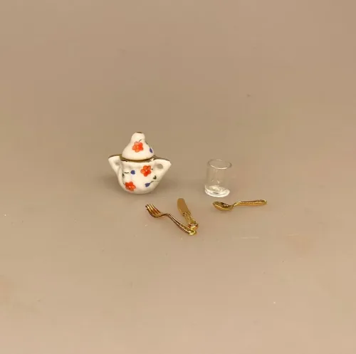 Miniature Porcelænskrukke Lille med Blomst, sukkerskål, bonbonniere, kandis, sukker, marmelade, syltetøj, krukke, lågkrukke, mini, lillebitte, honning, kaffe, te, afternoon, tea, biti, ribe, 1:12, symbolsk, sukkermad, pandekager