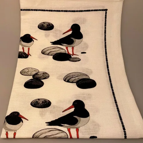 Viskestykke med Hør - Strandskader, vadehavet, vadere, vadefugle, vadehavsfugle, ornitolog, kigger på, fugle, marsken, souvenir, ribe, viskestykke, hørviskestykke, svensk, ekelund, lækkert, kvalitet, stiligt, stilrent, flot, grafisk, biti, ribe, nationalpark, sort sol,