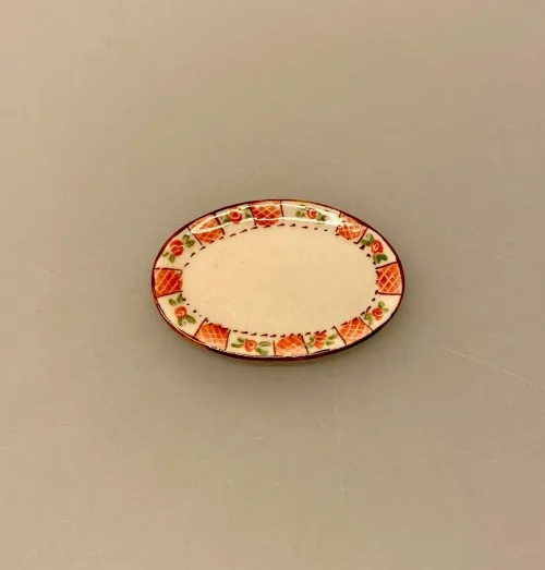 Miniature Ovalt Fad Porcelæn, service, dukkehus, ting, til, tilbehør, dukkehusting, køkken, middag, servering, tjerner, 1:12, miniature, sætterkasse, sættekasse, nisser, nissetilbehør, nissedør, titanias palads, biti, ribe, dansk, porcelæn,