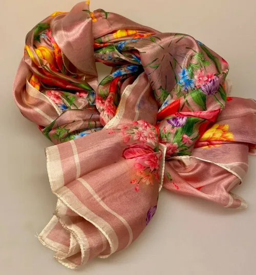 Silketørklæde Pongé 2209 XL - Blomster, blomsterprint, blomstret, mønster, tryk, silketryk, silkeprint, siketørklæde, stort, let, lækkert, luksus, feminint, smukt, yndigt, stola, sjal, festligt, tilbehør, biti, ribe, ren, ægte, glat