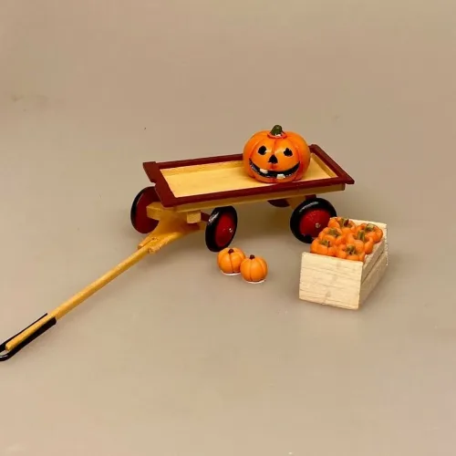 Miniature Trækvogn - Legevogn, Miniature Kasse med Græskar, Miniature Halloween Græskar, allehelgens, aften græskarlygte, dukkehusting, ting til, tilbehør, dukkehus, miniaturer, 1:12, nissedør, halloween, pynt, sjov, i, græskarhoved, udskære, nisseting, nissedør, grøntsager, efterår, biti, ribe, sangskjuler, symbolsk, gave, gavekort, til, oplevelse,