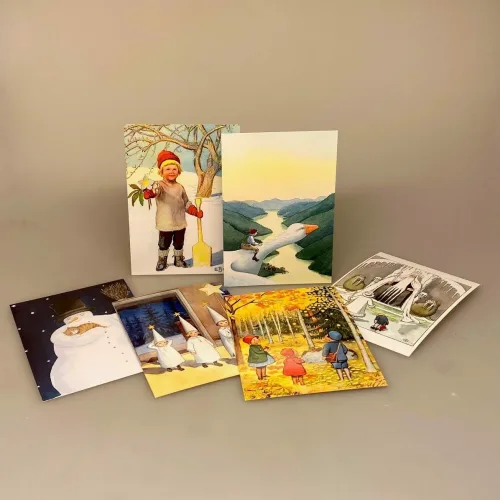 Postkort Pakke - Elsa Beskow Eventyr Vinter, snemand, sne, kong vinter, Olles skifärd, oles skitur, svenske, niels, nils holgersen, rejsen, biti, ribe