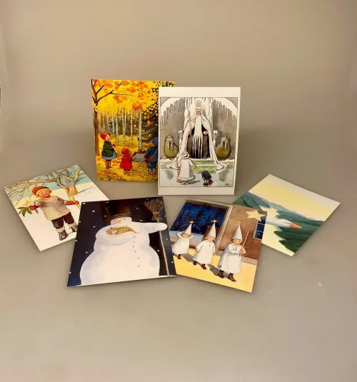 Postkort Pakke - Elsa Beskow Eventyr Vinter, snemand, sne, kong vinter, Olles skifärd, oles skitur, svenske, niels, nils holgersen, rejsen, biti, ribe
