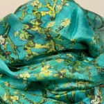 Silketørklæde Pongé XL - Van Gogh Mandelblomster, almond blossom, maleri, kunstnerisk, kunsttryk, kunster, motiv, silke, ren, silkechiffon, let, stort, turkis, grønt, blomster, grene, mandeltræ, mandelgrene, stiligt, stilet, elegant, gaveide, gave, lady, kunstmotiv, kunsttørklæde, stola, festligt, tilbehør, accessoires, biti, ribe