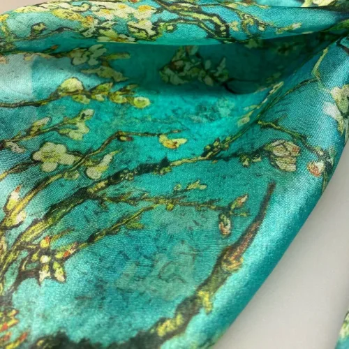 Silketørklæde Pongé XL - Van Gogh Mandelblomster, almond blossom, maleri, kunstnerisk, kunsttryk, kunster, motiv, silke, ren, silkechiffon, let, stort, turkis, grønt, blomster, grene, mandeltræ, mandelgrene, stiligt, stilet, elegant, gaveide, gave, lady, kunstmotiv, kunsttørklæde, stola, festligt, tilbehør, accessoires, biti, ribe