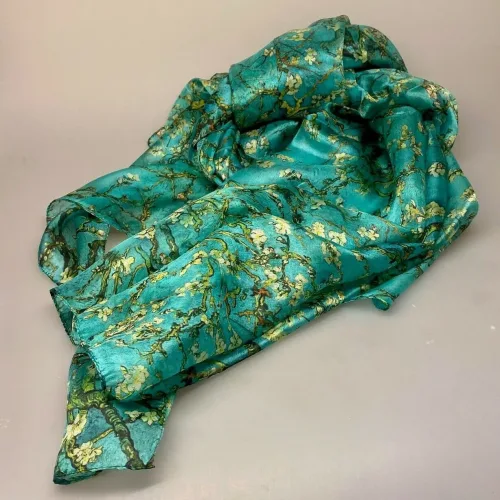 Silketørklæde Pongé XL - Van Gogh Mandelblomster, almond blossom, maleri, kunstnerisk, kunsttryk, kunster, motiv, silke, ren, silkechiffon, let, stort, turkis, grønt, blomster, grene, mandeltræ, mandelgrene, stiligt, stilet, elegant, gaveide, gave, lady, kunstmotiv, kunsttørklæde, stola, festligt, tilbehør, accessoires, biti, ribe