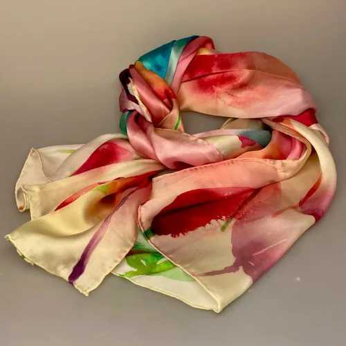 Silketørklæde Satin XL - Tulipaner, tulips, blomster, akvarel, satin, ren, silke, silketørklæde, langt, luksuriøst, lækkert, kvalitet, eksklusivt, feminint, fest, tilbehør, stola, accessoires, friske, farver, sprøde, pasteller, maleri, kunstnerisk, aflangt, biti, ribe,