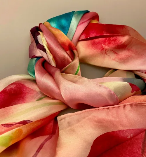 Silketørklæde Satin XL - Tulipaner, tulips, blomster, akvarel, satin, ren, silke, silketørklæde, langt, luksuriøst, lækkert, kvalitet, eksklusivt, feminint, fest, tilbehør, stola, accessoires, friske, farver, sprøde, pasteller, maleri, kunstnerisk, aflangt, biti, ribe,