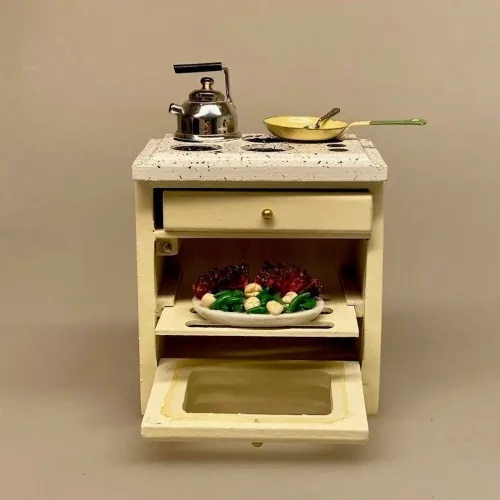 Miniature Komfur Creme, ovn, kogeplade, kogeplader, gas, gaskomfur, gasblus, mini, ovn, dukkehusovn, dukkehus, madlavning, køkken , dukkekøkken, køkkenvask, køkkenbord, mini, dukkehusmøbler, dikkehustilbehør, dukkekøkken, 1:12, miniaturer,