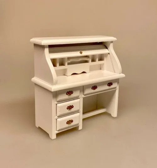 Miniature Skrivebord med Jalousilåge Hvidt, kontor, skrivebord, dameskrivebord, entre, bord, hvidt, hvidmalet, dukkehusmøbler, dukkehus, dukkestue, tilbehør, ting til, miniature, nisser, træ, sangskjuler, symbolsk, gave, gaveide, biti, ribe