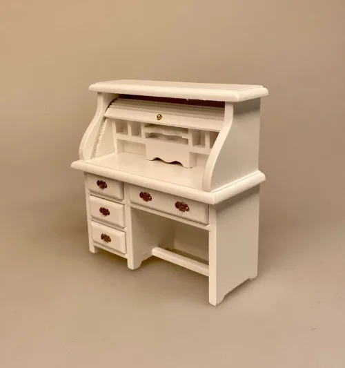 Miniature Skrivebord med Jalousilåge Hvidt, kontor, skrivebord, dameskrivebord, entre, bord, hvidt, hvidmalet, dukkehusmøbler, dukkehus, dukkestue, tilbehør, ting til, miniature, nisser, træ, sangskjuler, symbolsk, gave, gaveide, biti, ribe