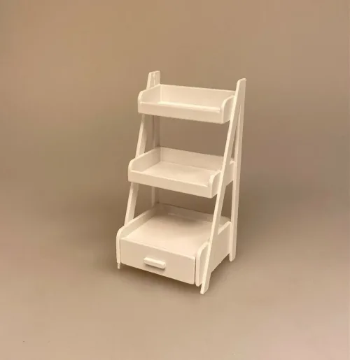 Miniature Stigereol med Skuffe Hvid, butik, udstilling, varer, stige, trappe, lille, 1:12, mini, salg, salgsreol, legetøj, badeværelse, børneværelse, symbolsk, gave, sjov, display
