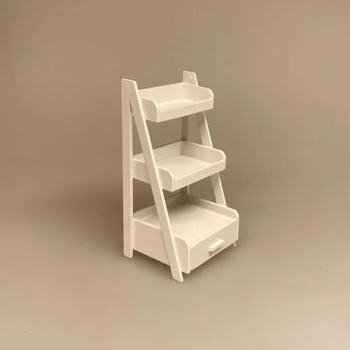 Miniature Stigereol med Skuffe Hvid, butik, udstilling, varer, stige, trappe, lille, 1:12, mini, salg, salgsreol, legetøj, badeværelse, børneværelse, symbolsk, gave, sjov, display