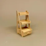 Miniature Stigereol med Skuffe Natur, lyst, træ, umalet, bøg,butik, udstilling, varer, stige, trappe, lille, 1:12, mini, salg, salgsreol, legetøj, badeværelse, børneværelse, symbolsk, gave, sjov, display