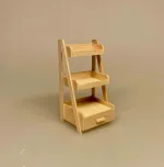 Miniature Stigereol med Skuffe Natur, lyst, træ, umalet, bøg,butik, udstilling, varer, stige, trappe, lille, 1:12, mini, salg, salgsreol, legetøj, badeværelse, børneværelse, symbolsk, gave, sjov, display