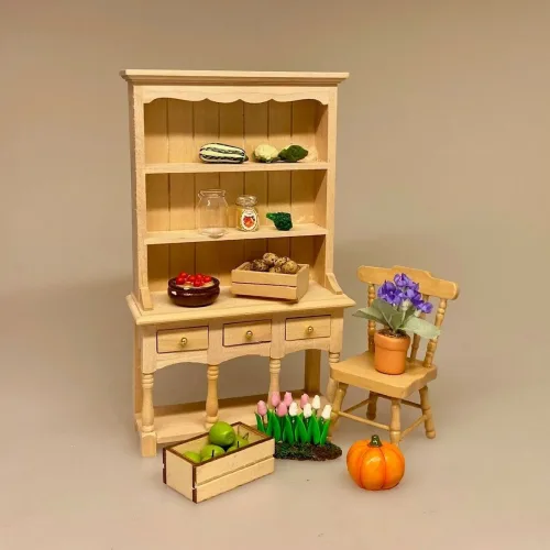 Miniature Buffet med Skuffer og Søjler Natur, umalet, lyst, træ, fyrretræ, 2917, buffet, reol, skab, køkkenskab, dukkemøbler, Miniature Buffet lav - Hvid, buffet, skab, kommode, reol, møbel, dukkehus, nissebo, dukkehusmøbler, miniature, nisser, nissedør