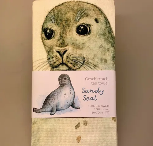 Viskestykke Bomuld med Tryk - Stor Sæl, sælsafari, vadehavet, dige, nationalpark, køkken, madlavning, kok, gave gaveide, souvenir, kær, natur, havet, marsken, biti, ribe