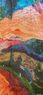 Silketørklæde Georgette XL - Sol over Bjerge, aftensol, solopgang, ekspressionistisk, kunst, maleri, kunsttryk, maler, kulørt, eksklusivt, elegant, luksus, lækkert, silke, ren, silkesjal, stola, gave, gaveide, damer, smart, klassisk, stilig, alexandra schmitz, PI 341, 6117100, biti, ribe, kunstmuseum