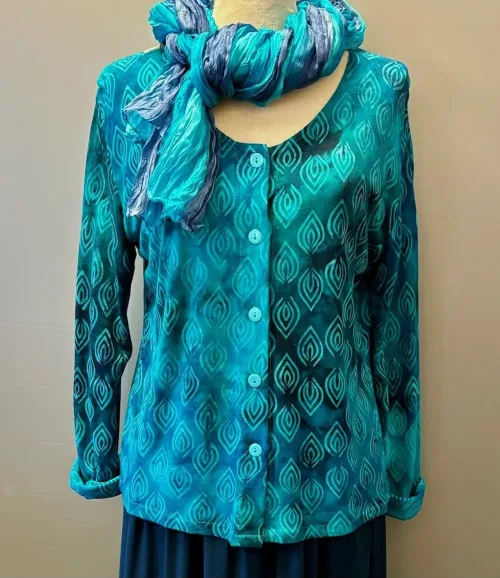 Batik Bluse Jersey med Knapper - Reno L/Æ Blå Turkis - Billede 4