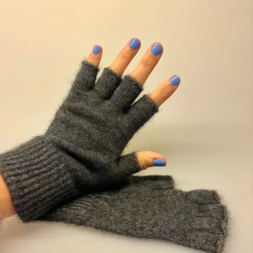 Strikkede Vanter med Åbne Fingre Possum - Brun Blå, moraine, grå, mix, meleret, 230, fingerløse, korte, åbne, arbejde, mobil, mobilhandsker, mobilvanter