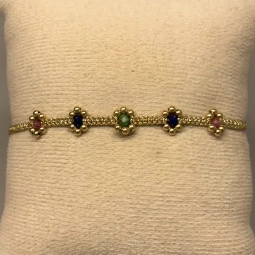 Vævet Armbånd Blomster med Sten - Guld Blå Grøn, BL lilac, 01, lapis, grøn, agat, ædelsten, ægte, sten, halvædelsten, blomster, knyttet, feminint, damer, piger, unika, særligt, kæreste, kærlighed, håndarbejde, håndlavet, unik, unika, specielt, bryllup, brud, morgengave, vaentine, gave, konfirmand, konfirmation, enamel, stine a, anni lu, maanesten, biti, ribe, leju, fransk, hollandsk, london