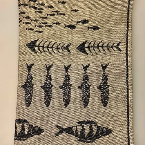 Viskestykke med Hør - Fisk, Viskestykke vævet - Hør/Bomuld - Fisk, fisker, fiskeri, eksklusivt, lækkert hørviskestykke, køkken, gaveide,, sort, biti, ribe, vadehavet, nationalpark, nyt køkken
