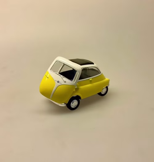 Modelbil BMW Isetta - Gul, citrongul, bmw, asfaltboble, kyssekugle, halleluja, bil, modelbil, kopi, original, 1950, retro, vogn, mini, sjov, kørekort, tillykke, ny, gammel, old school, gamle, old timers, symbolsk, bilforhandler, bilsamler, mekaniker, tysk, biti, ribe