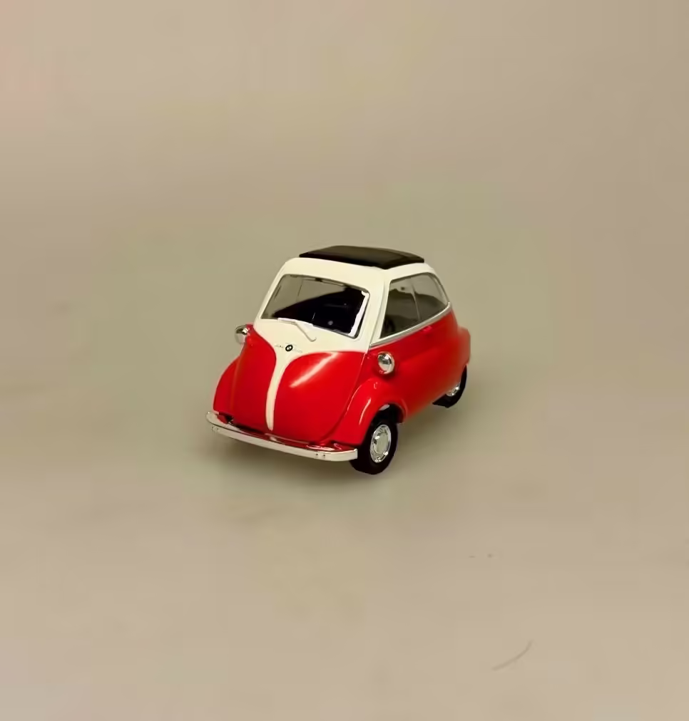 Modelbil BMW Isetta - rød, citrongul, bmw, asfaltboble, kyssekugle, halleluja, bil, modelbil, kopi, original, 1950, retro, vogn, mini, sjov, kørekort, tillykke, ny, gammel, old school, gamle, old timers, symbolsk, bilforhandler, bilsamler, mekaniker, tysk, biti, ribe