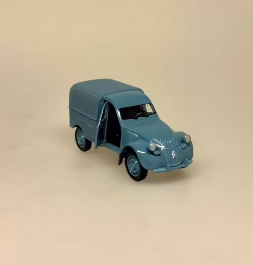 Modelbil Citroën 2CV Fourgonette - Blå, dueblå, gråblå, støvblå, citroen, 2cv, varebil, varevogn, arbejde, fransk, design, bil, model, bilmodel, retro, ældre, biti, ribe, gave, gaveide, kørekort, frankrig, emigrere, pensionist, flytte, symbolik