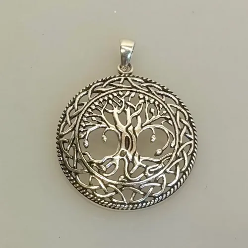 Vedhæng i Sølv - Livets Træ Yggdrasil med Fletkrans, kd, 16821, buet, 35 mm, vikingesmykker, livstræ, livets, træ, evighed, stort, flot, smukt, specilet, museums, smykker, ægte, original, biti, ribe, sterling, sølv, kopi, fund, ask, yggdrasil