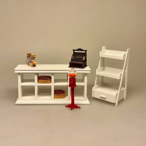 Miniature Stigereol med Skuffe Hvid, Miniature Lille Lang Åben Disk Hvid, hvilmalet, 3020 V, disk, butiksdisk, butik, dukkehus, dukkehusting, dukkehusmøbler, dukkehustilbehør, mini, dukkehusbutik