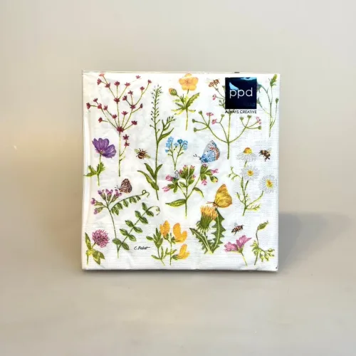 Servietter - Vilde Blomster Bier og Sommerfugle, grøftekant, borddækning, sommerfest, sommerbryllup, forår, konfirmation, forårsstemning, inspiration, vild med vilje, biologi, naturen, flora, insekter, bier, sommerfugle, picnic, skovtur, gave, gaveide, femin, yndig, sødt, nordisk, design, biti, ribe, sort sol, vadehavet, marsken