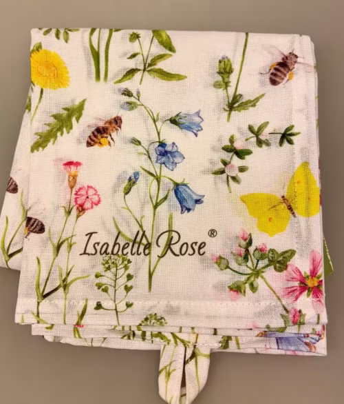 Viskestykke Bomuld med Blomster Bier og Sommerfugle, citronsommerfugl, honningbi, biodiversitet, insekter, bier, vild med vilje, natur, køkken, madlavning, bagning, opvask, gave, gavedie, fauna, flora, biti, ribe, isabelle, rose