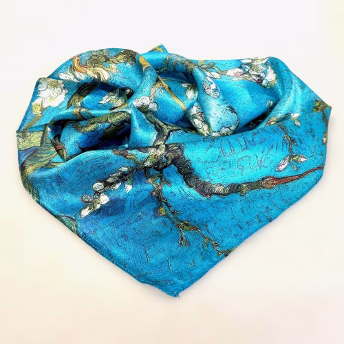 Silketørklæde Bandana Mandelblomst, mandelgrene, mandel blossom, vincent, van gogh, petrol, blå, turkis, , maleri, kunst, kunstmotiv, kunstnerisk, smukt, poetisk, alexandra schmidt, natur, fine, silke, satin, luksus, elegant, eksklusivt, lækkert, kvalitet, satinvævet, ren, ægte, silketørklæde, bandana, kvadratisk, firkantet, taske, accessoires, halsklud, charmeklud, 50 x 50, nicky, nicki, tuch, tücher, om halsen