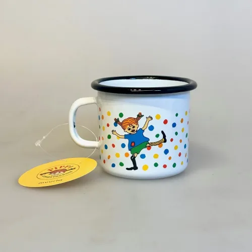 Pippi Langstrømpe Metal Krus 25 ml - Hopsa, hoppsan, 05, prikker, muurla, emalje, kop, krus, out door, pic nic, skovtur, sjovt, fint, lækkert, kvalitet, børn, voksne, gave, gaveide, pippi, langstrømpe, ting, med, 1404, biti, ribe, dansk, svensk, design, astrid lindgren, eventyr, historier, 2,5 dl