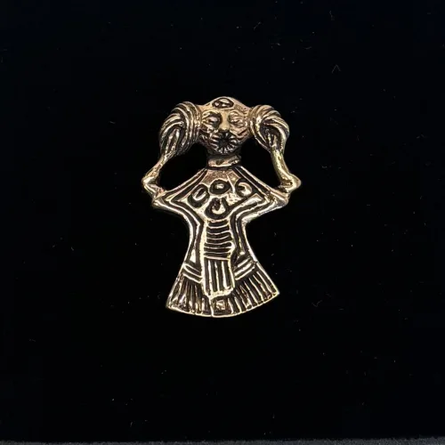 Viking Vedhæng i bronze - Freja lille, kærlighedsgudinde, frugtbarhed, amulet, vedhæng, kvinde, feminini, fletninger, flettet hår, bronze, vikingesmykke, aser, gudinde, asatro, fund, original, ægte, gylden, smykke, vikingesmykker, museumssmykker, udgravninger, odin, biti, ribe
