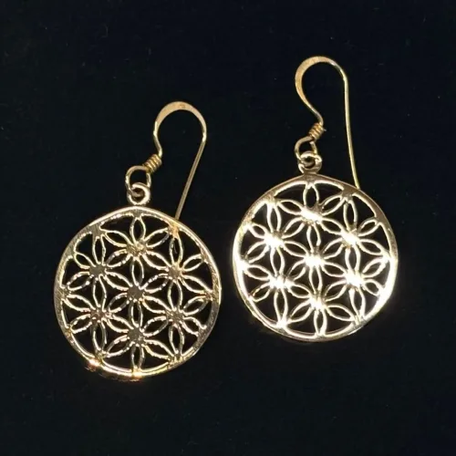 Bronze Ørehængere - Livets Blomst, runde, flade, skiver, bro 328, livsblomst, yoga, østen, mystik, bronze, madalas, lykke, amulet, lykkebringende, magi, magisk, store, statement, øreringe, smykker, ørehængere, hænge øreringe, runde, plader, bronze, bronzesmykker, bronzeøreringe, smukke, flotte, specielle, markante smykker, biti, ribe