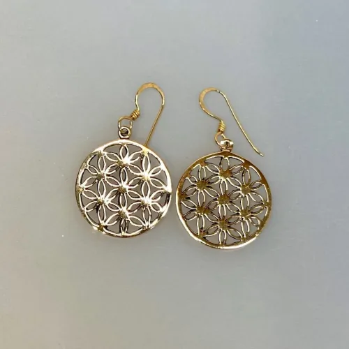 Bronze Ørehængere - Livets Blomst, runde, flade, skiver, bro 328, livsblomst, yoga, østen, mystik, bronze, madalas, lykke, amulet, lykkebringende, magi, magisk, store, statement, øreringe, smykker, ørehængere, hænge øreringe, runde, plader, bronze, bronzesmykker, bronzeøreringe, smukke, flotte, specielle, markante smykker, biti, ribe