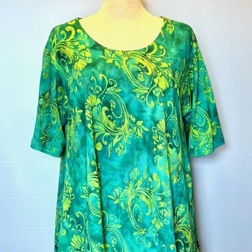 Jersey Bluse i A-facon - Swang Grøn Jade, grün 12, smaragd, krummelurer, petrol, Diva, lang, a-snit, a-facon, løs, vidde, blød, rejse, krølfri, natur, bomuld, jersey, flot, marimekko, tryk, håndtrykt, batik, farve, koloreret, voks, Diva, korte, ærmer, luftig, smart, store, piger, størrelser, curvy, plus, size, kvalitet, holdbar, lækker, biti, ribe