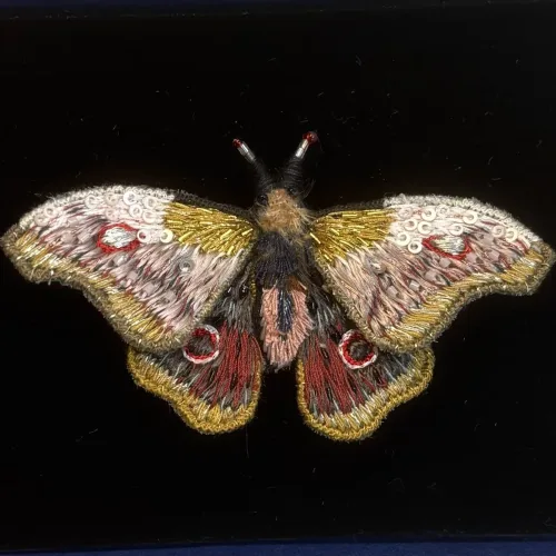 Håndlavet Broche Rosa Kejser Natsommerfugl, TL-B-651, emperor mopane moth, kejsernatsommerfugl, natsværmer, kejser, møl, gonimbrasia belina, stor, dæmpede, farver, varme, smuk, kunstværk, kunst, trovelore, særlig, unik, broderi, broderist, brodedribe, ribe, biti, smykke, broche, sommerfugl, sommerfuglebroche, sommerfuglesmykke, gave, gaveide, jubilæum, rund, fødselsdag, eksklusiv,