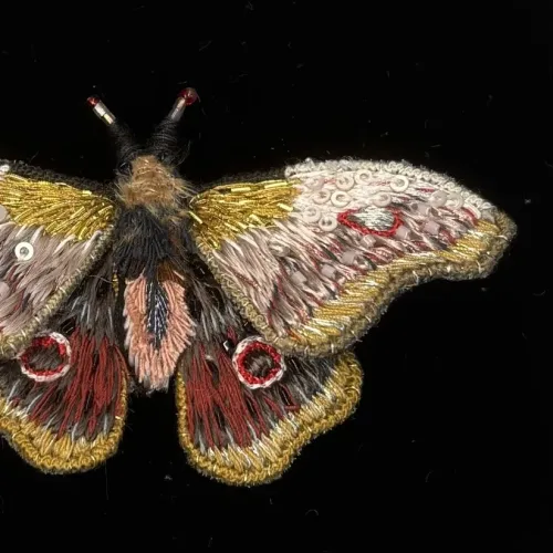 Håndlavet Broche Rosa Kejser Natsommerfugl, TL-B-651, emperor mopane moth, kejsernatsommerfugl, natsværmer, kejser, møl, gonimbrasia belina, stor, dæmpede, farver, varme, smuk, kunstværk, kunst, trovelore, særlig, unik, broderi, broderist, brodedribe, ribe, biti, smykke, broche, sommerfugl, sommerfuglebroche, sommerfuglesmykke, gave, gaveide, jubilæum, rund, fødselsdag, eksklusiv,